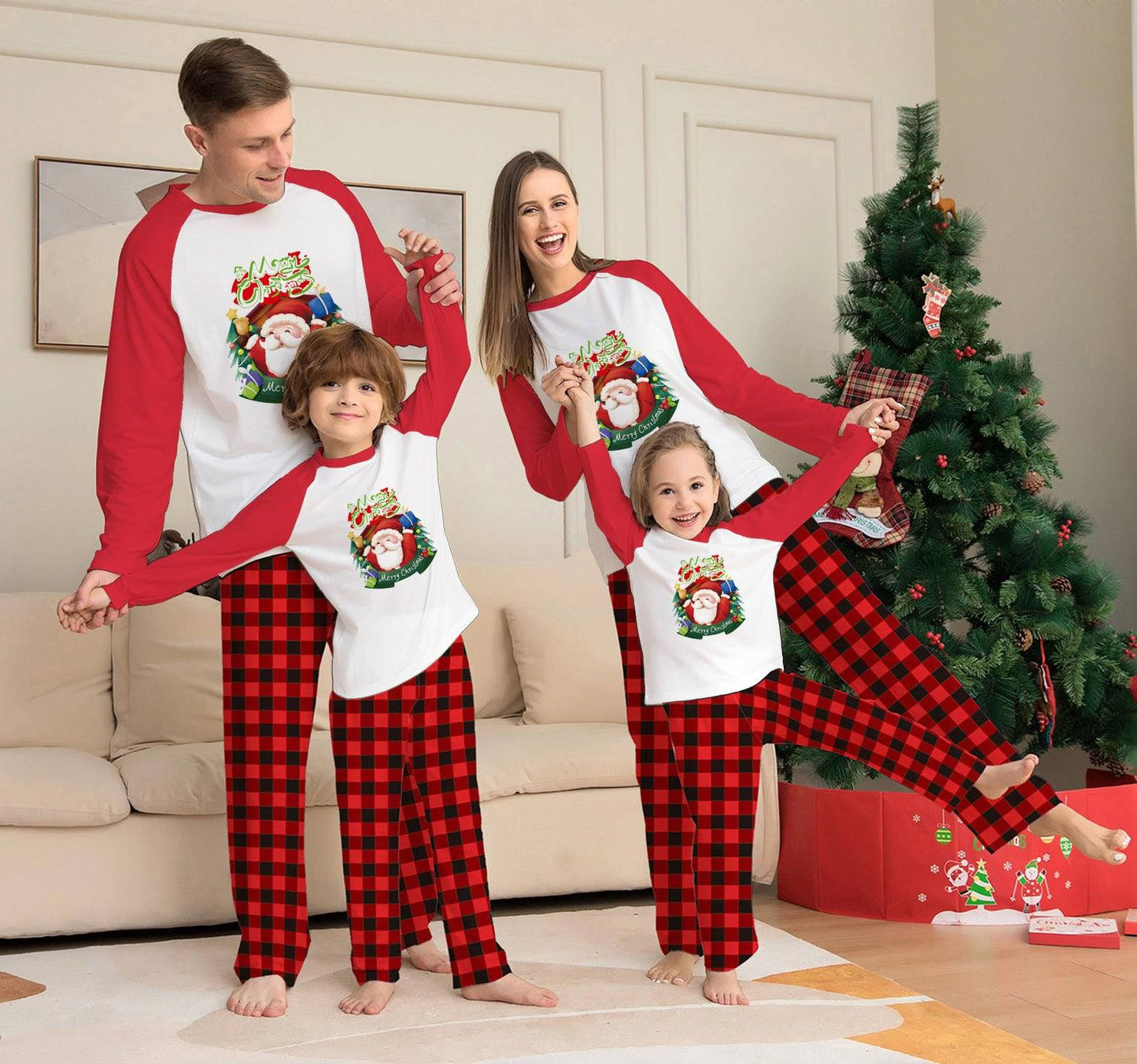 Festive Family Matching Pajama Set – Christmas Long Sleeve T-Shirts & Plaid Pants - All Inclusive Family Treasures