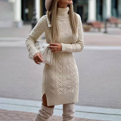 Women's Turtleneck Knitted Sweater Dress – Cozy Elegance with a Modern Slit Design - All Inclusive Family Treasures