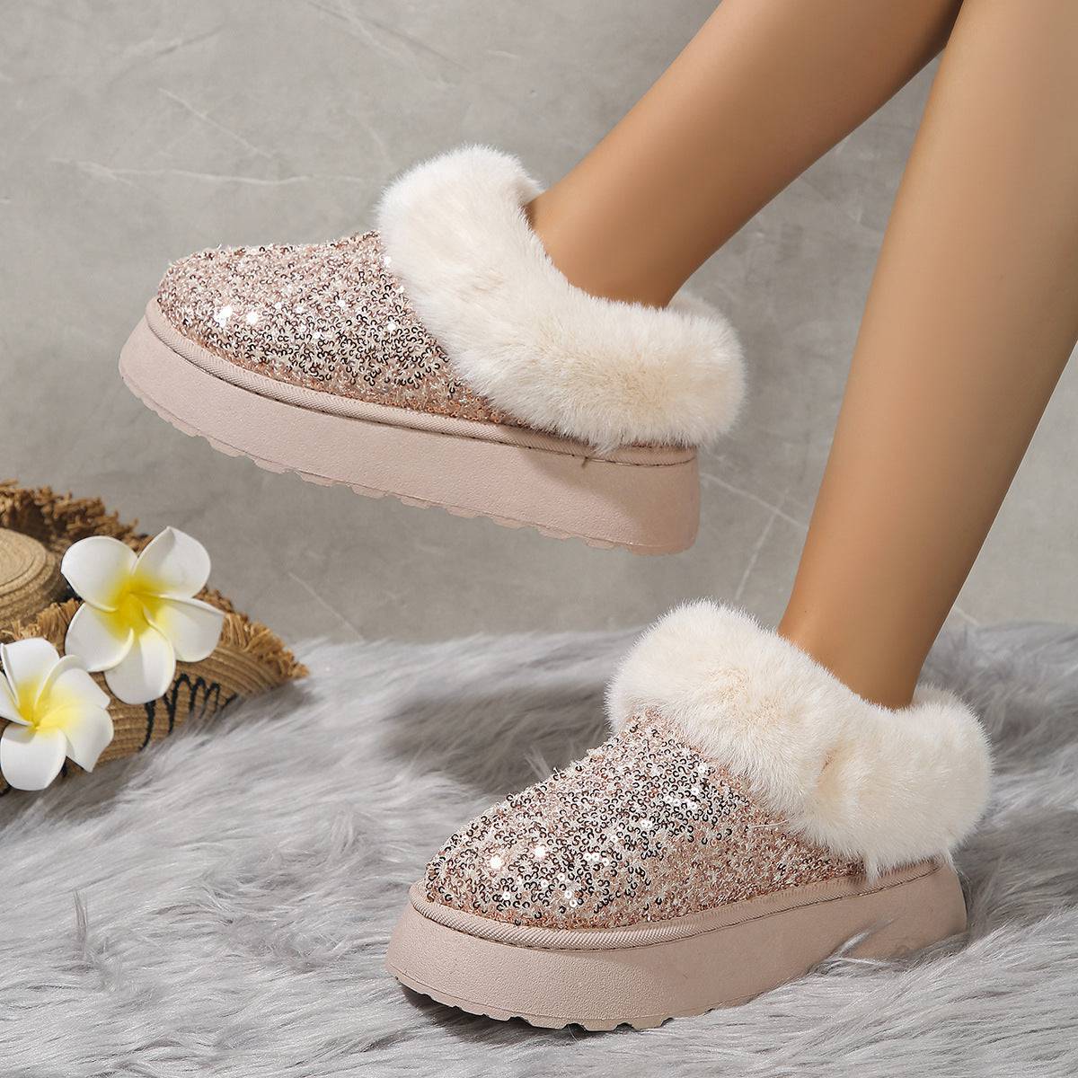 Glamour & Warmth: Fashion Sequined Plush Winter Slippers - All Inclusive Family Treasures