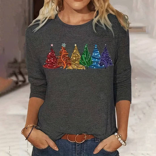 Festive Elegance: Women’s Christmas Tree Printed Long-Sleeve T-Shirt - All Inclusive Family Treasures