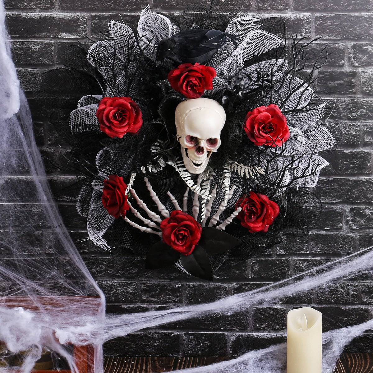 Elegant Halloween Red Rose & Skull Mesh Garland – Spooky-Chic Door Hanging Decoration for a Haunting Welcome - All Inclusive Family Treasures