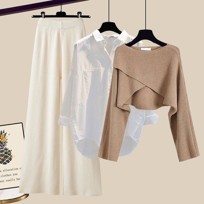 Chic 3-Piece Knitted Sweater Set with Shirt & Wide-Leg Pants - Perfect for Fall & Winter - All Inclusive Family Treasures