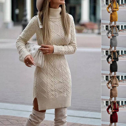 Women's Turtleneck Knitted Sweater Dress – Cozy Elegance with a Modern Slit Design - All Inclusive Family Treasures