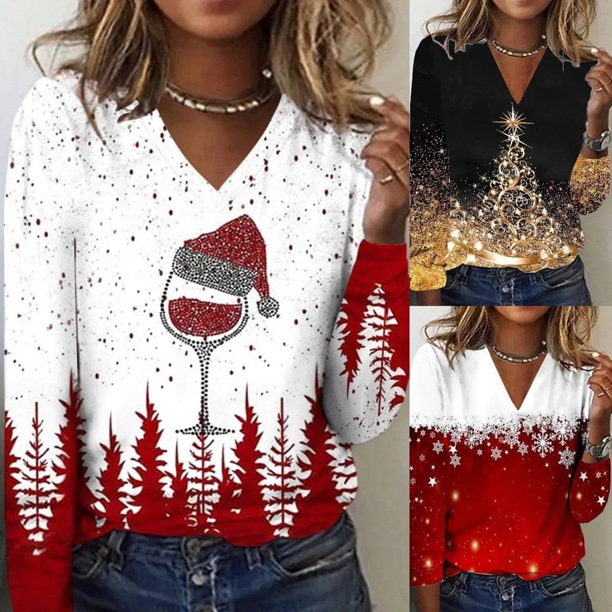 Festive Women’s V-Neck Long Sleeve T-Shirt – Christmas Edition - All Inclusive Family Treasures