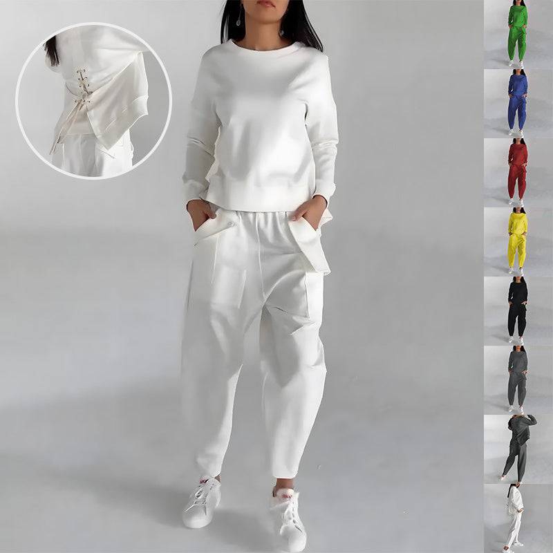 Solid Color Fashion Sweatshirt & Loose Trousers Set – Women's Long Sleeve Back Slit Top with Pockets - All Inclusive Family Treasures