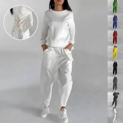 Solid Color Fashion Sweatshirt & Loose Trousers Set – Women's Long Sleeve Back Slit Top with Pockets - All Inclusive Family Treasures