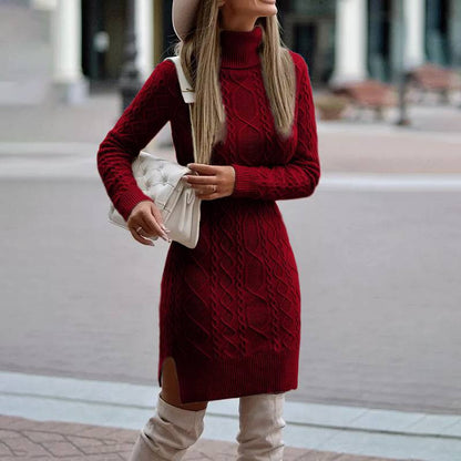 Women's Turtleneck Knitted Sweater Dress – Cozy Elegance with a Modern Slit Design - All Inclusive Family Treasures