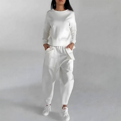 Solid Color Fashion Sweatshirt & Loose Trousers Set – Women's Long Sleeve Back Slit Top with Pockets - All Inclusive Family Treasures