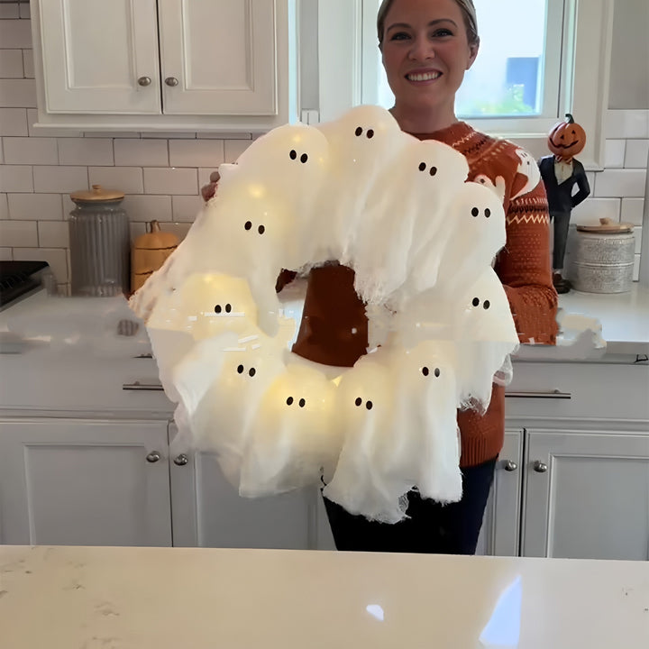 Glow-in-the-Dark Ghost Wreath – Light-Up Halloween Door Decor