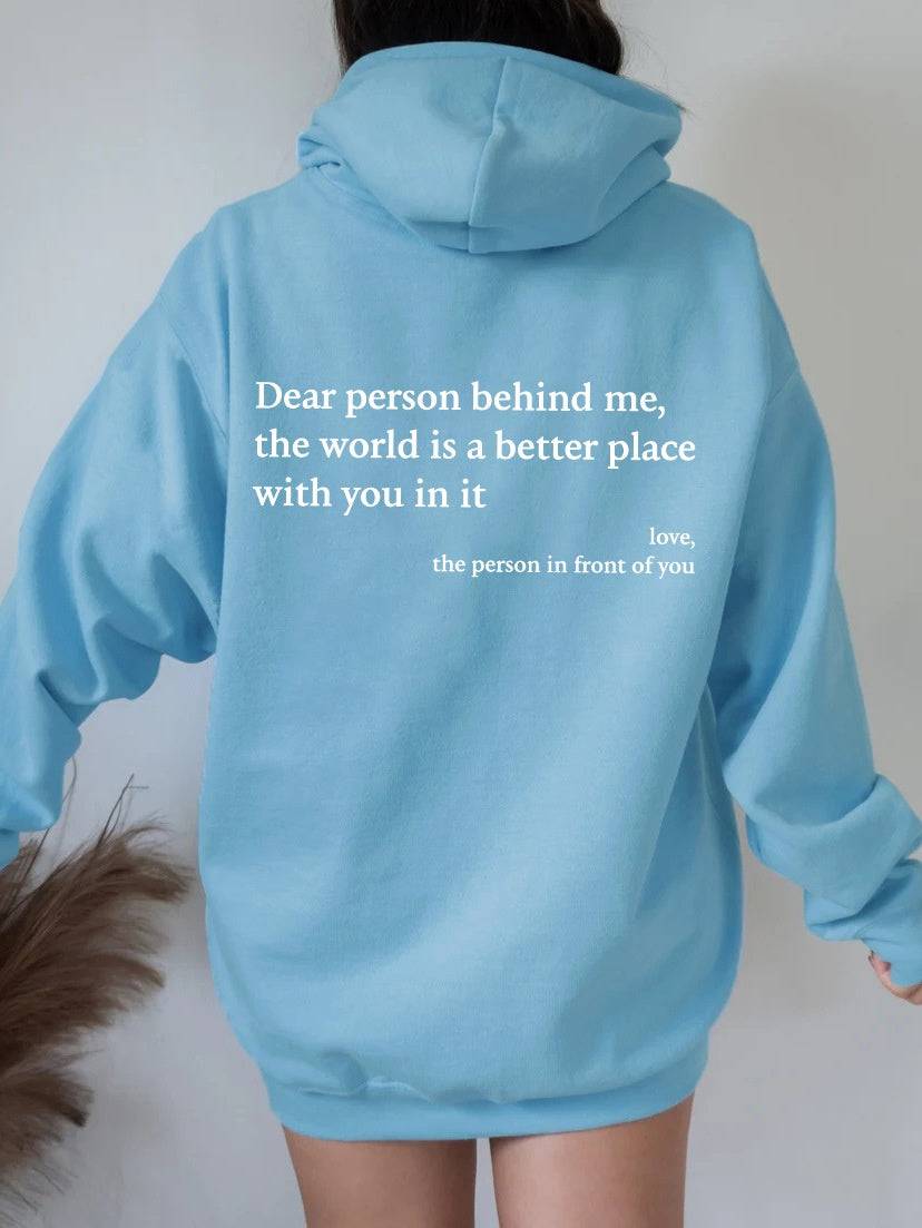 "Dear Person Behind Me" Letter Printed Plush Hoodie | Trendy Unisex Kangaroo Pocket Hoodie - All Inclusive Family Treasures