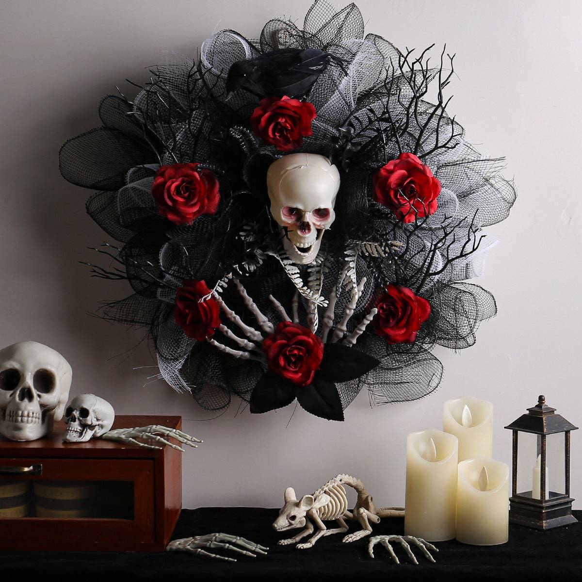 Elegant Halloween Red Rose & Skull Mesh Garland – Spooky-Chic Door Hanging Decoration for a Haunting Welcome - All Inclusive Family Treasures