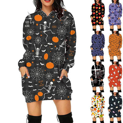 Halloween Print Long Hoodie with Pockets | Cozy Women's Sweater for Spooky Season - All Inclusive Family Treasures