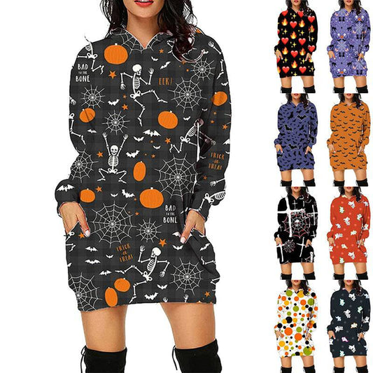 Halloween Print Long Hoodie with Pockets | Cozy Women's Sweater for Spooky Season - All Inclusive Family Treasures