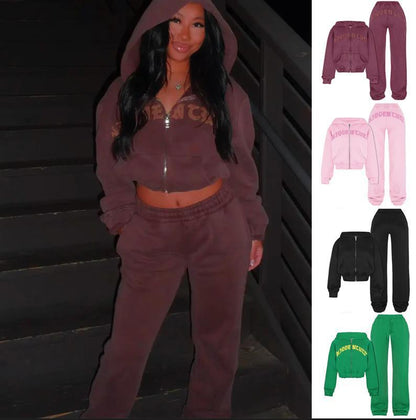 Ins Letter Sports Suit – Hooded Cropped Sweatshirt & Loose Drawstring Trousers for Women - All Inclusive Family Treasures