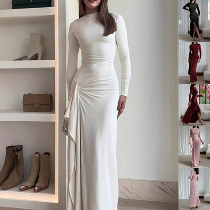 Asymmetric Elegance: Slim-Fitting Long-Sleeved Split Dress - All Inclusive Family Treasures