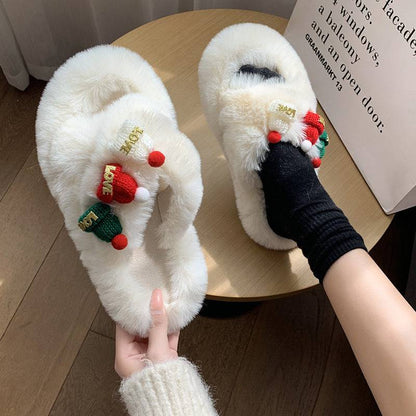 Christmas Fluffy Slippers for Women – Cozy Holiday-Themed Indoor Slippers with Cute Hat Charms - All Inclusive Family Treasures