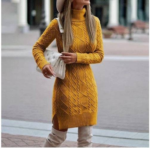 Women's Turtleneck Knitted Sweater Dress – Cozy Elegance with a Modern Slit Design - All Inclusive Family Treasures