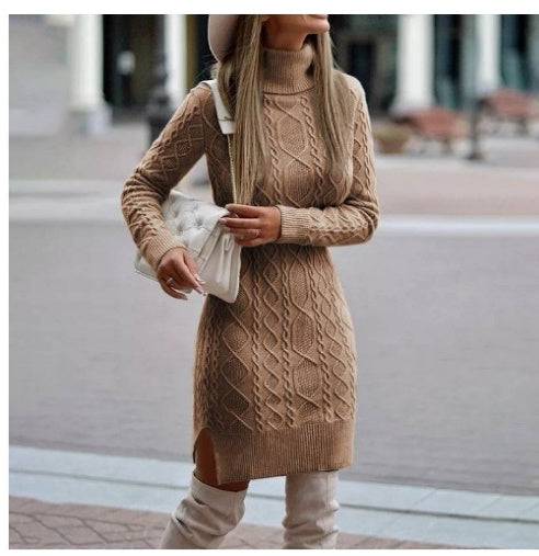 Women's Turtleneck Knitted Sweater Dress – Cozy Elegance with a Modern Slit Design - All Inclusive Family Treasures