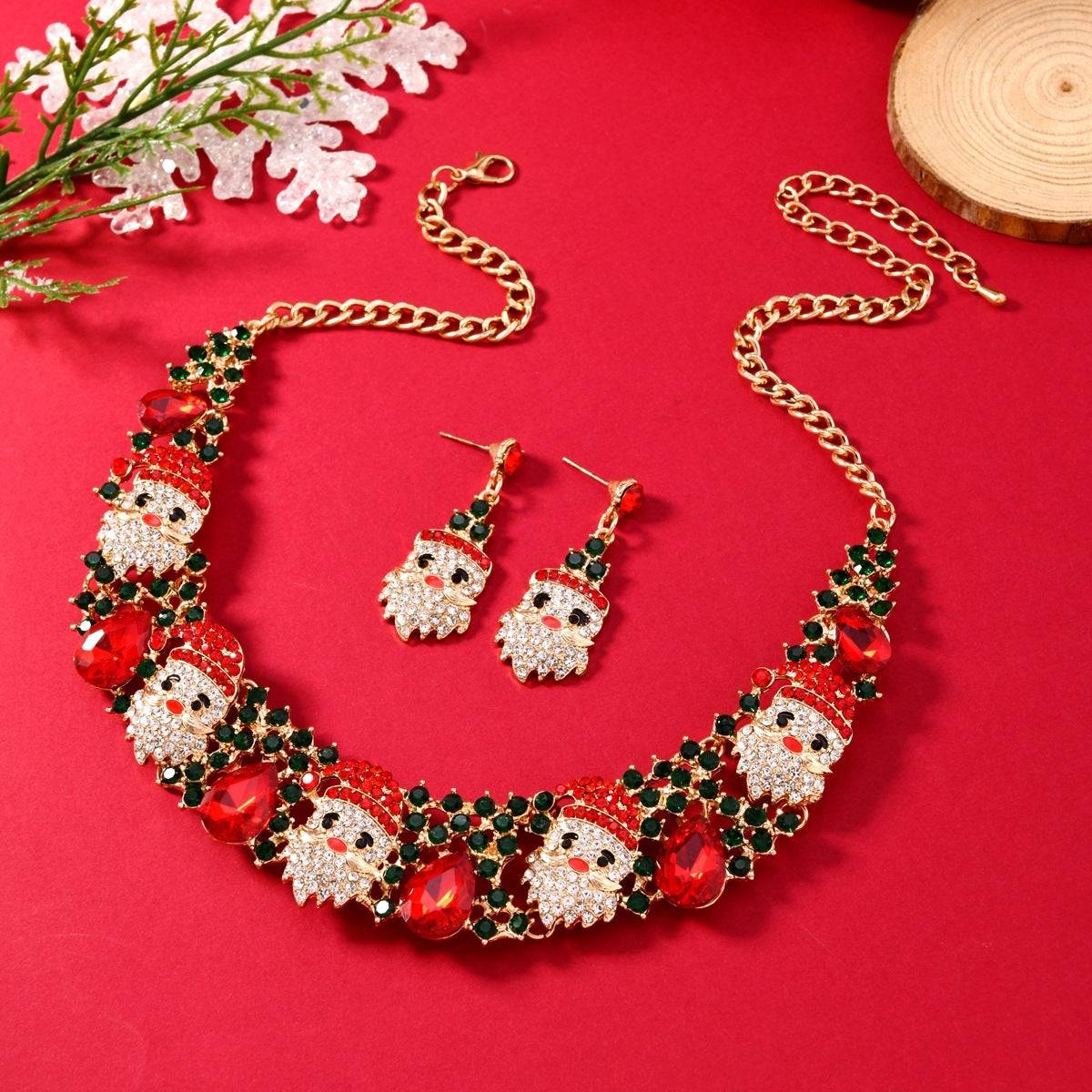 Festive Santa Claus Rhinestone Jewelry Set - Christmas Necklace and Earrings for Holiday Glam - All Inclusive Family Treasures