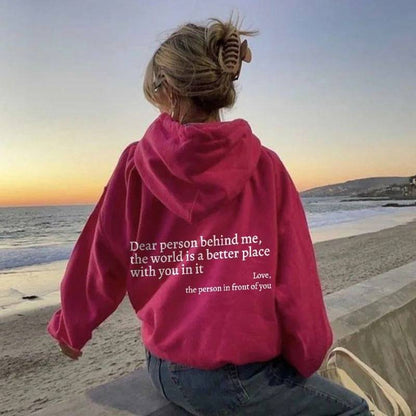 "Dear Person Behind Me" Letter Printed Plush Hoodie | Trendy Unisex Kangaroo Pocket Hoodie - All Inclusive Family Treasures