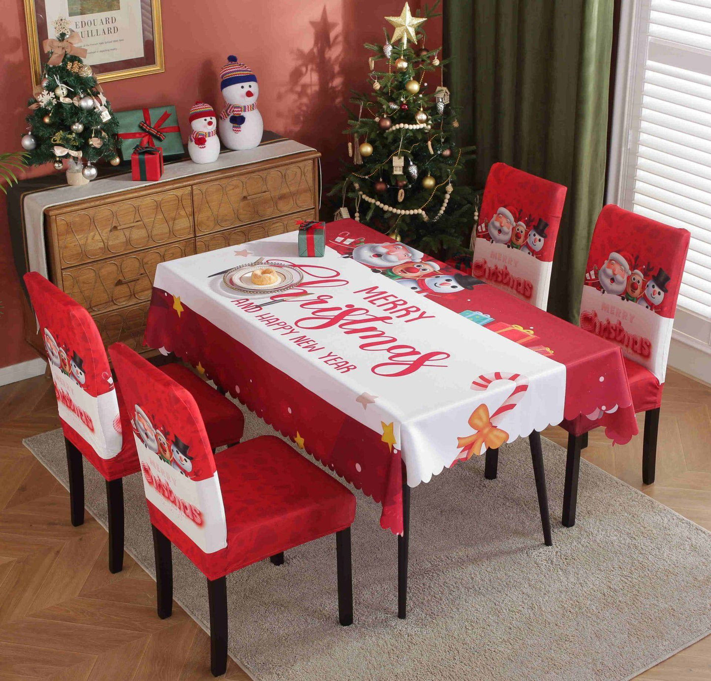 Festive Waterproof & Oil-Proof Christmas Tablecloth Set – Elegant Holiday Dining Decor with Chair Covers - All Inclusive Family Treasures