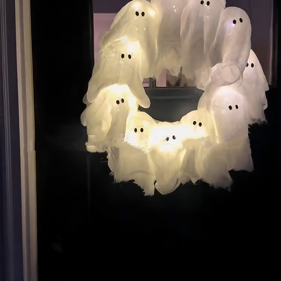 Glow-in-the-Dark Ghost Wreath – Light-Up Halloween Door Decor
