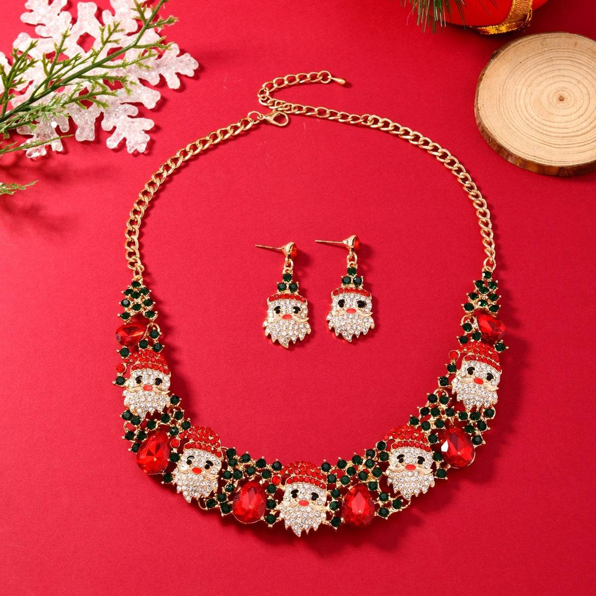 Festive Santa Claus Rhinestone Jewelry Set - Christmas Necklace and Earrings for Holiday Glam - All Inclusive Family Treasures