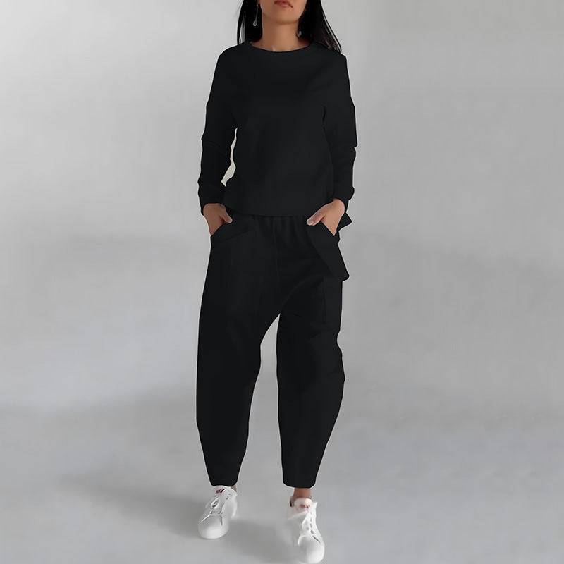 Solid Color Fashion Sweatshirt & Loose Trousers Set – Women's Long Sleeve Back Slit Top with Pockets - All Inclusive Family Treasures