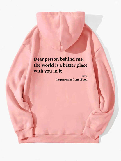 "Dear Person Behind Me" Letter Printed Plush Hoodie | Trendy Unisex Kangaroo Pocket Hoodie - All Inclusive Family Treasures