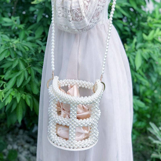 Beaded Pearl Bucket Bag – Elegant Hollow Round Handbag for Women - All Inclusive Family Treasures