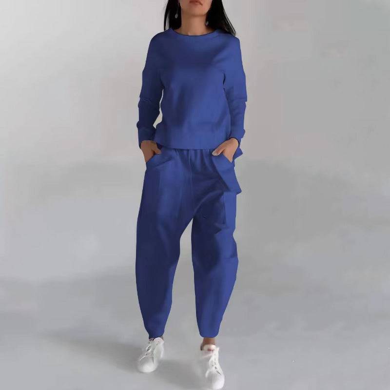 Solid Color Fashion Sweatshirt & Loose Trousers Set – Women's Long Sleeve Back Slit Top with Pockets - All Inclusive Family Treasures