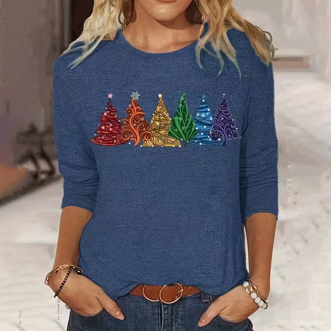 Festive Elegance: Women’s Christmas Tree Printed Long-Sleeve T-Shirt - All Inclusive Family Treasures