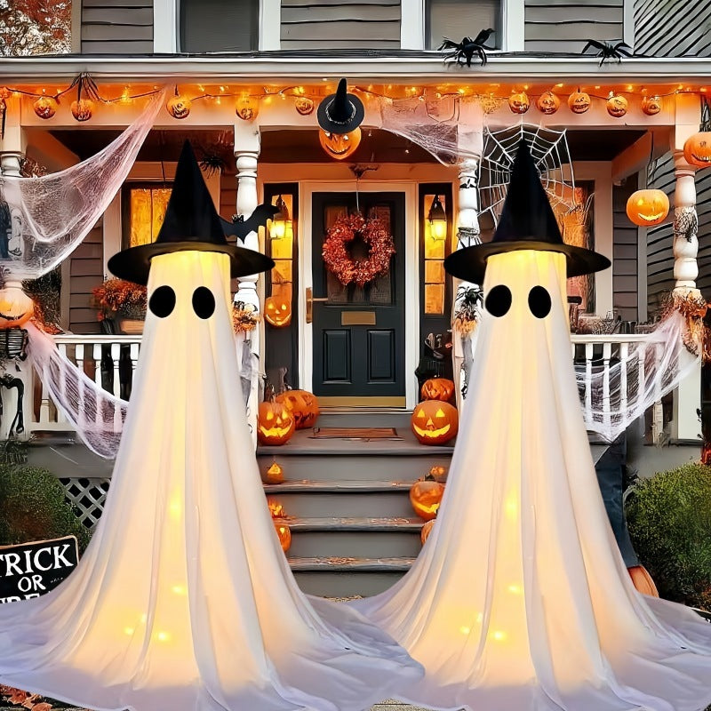 Glowing Ghost with Witch Hat – Spooky Halloween Yard & Porch Decoration