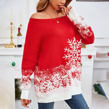 Chic Snowflake Off-Shoulder Christmas Sweater – Embrace Cozy Elegance! - All Inclusive Family Treasures