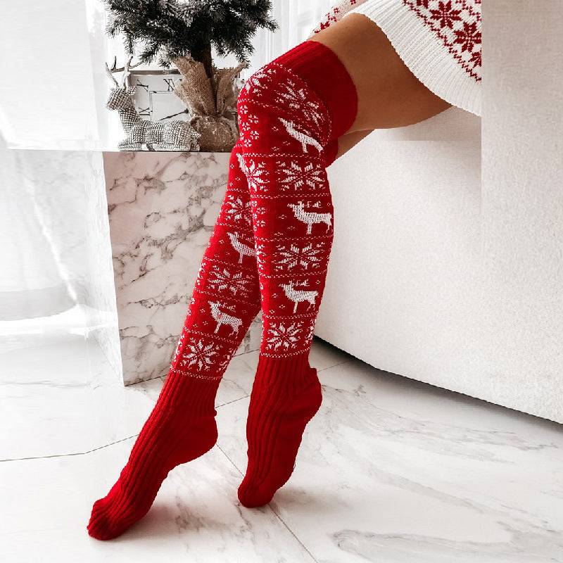 Elk & Snowflake Knitted Over-the-Knee Socks – Stay Warm in Style! - All Inclusive Family Treasures
