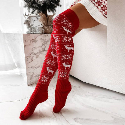 Elk & Snowflake Knitted Over-the-Knee Socks – Stay Warm in Style! - All Inclusive Family Treasures