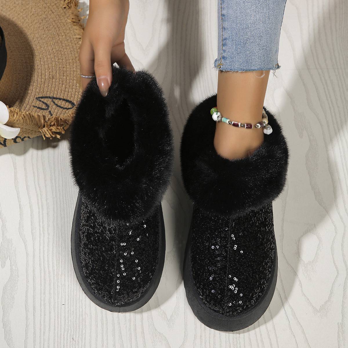 Glamour & Warmth: Fashion Sequined Plush Winter Slippers - All Inclusive Family Treasures