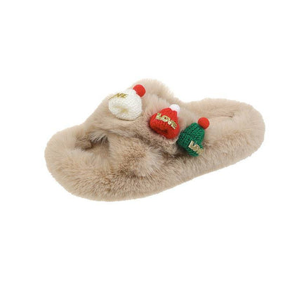 Christmas Fluffy Slippers for Women – Cozy Holiday-Themed Indoor Slippers with Cute Hat Charms - All Inclusive Family Treasures