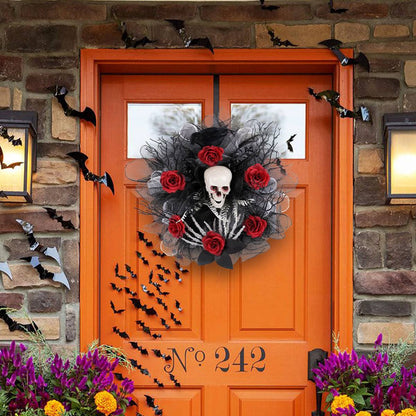 Elegant Halloween Red Rose & Skull Mesh Garland – Spooky-Chic Door Hanging Decoration for a Haunting Welcome - All Inclusive Family Treasures