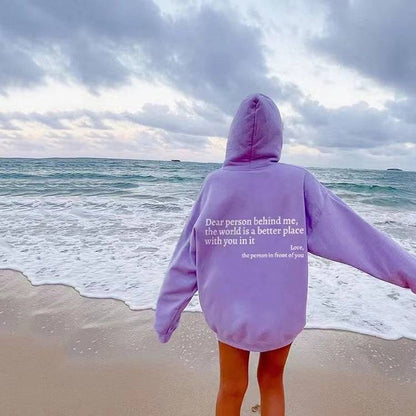 "Dear Person Behind Me" Letter Printed Plush Hoodie | Trendy Unisex Kangaroo Pocket Hoodie - All Inclusive Family Treasures