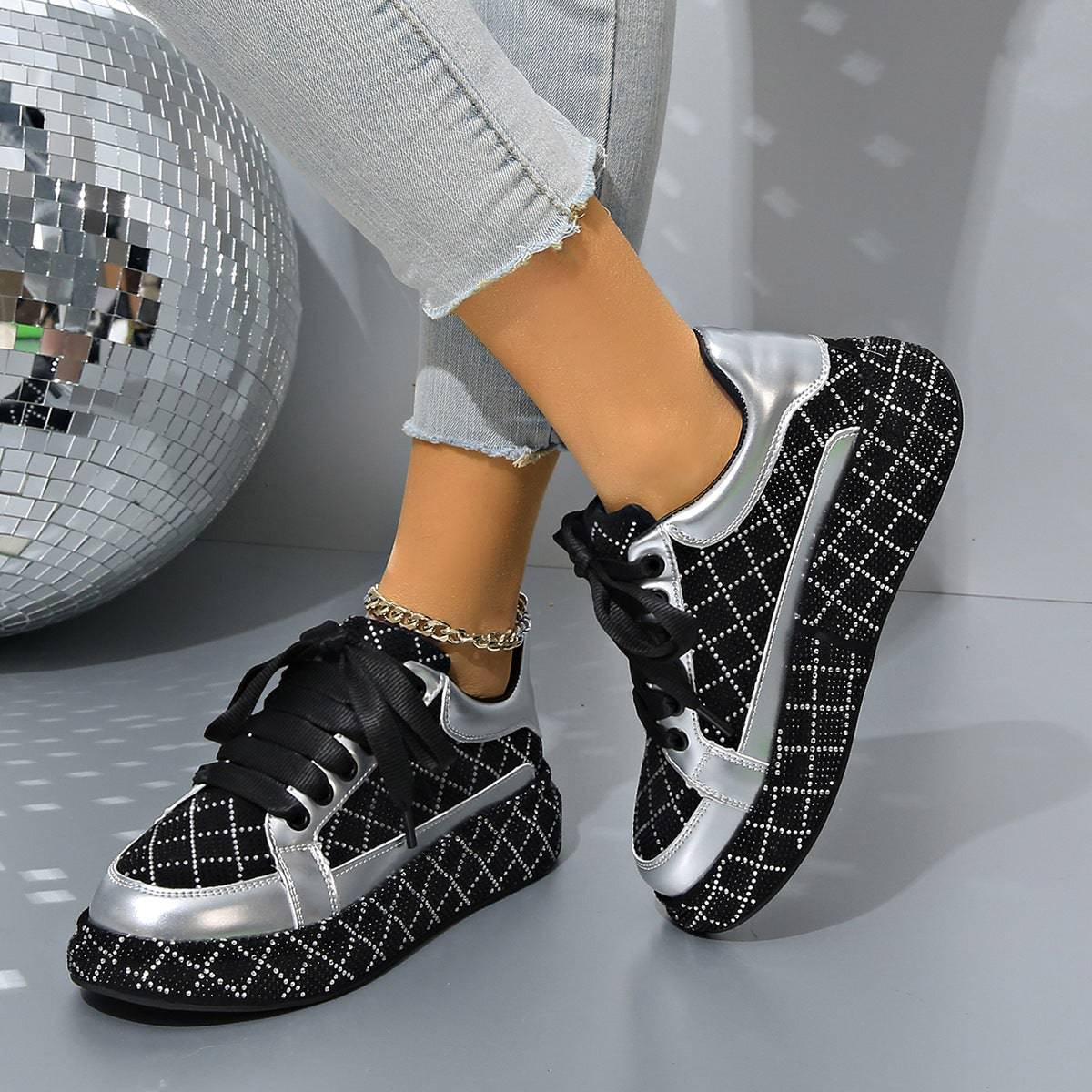 ShimmerStride Rhinestone Lace-Up Sneakers - All Inclusive Family Treasures