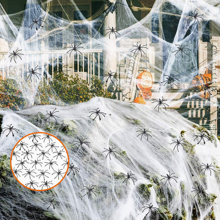 Realistic Halloween Spider Web with Creepy Crawling Spiders – Haunted House Décor