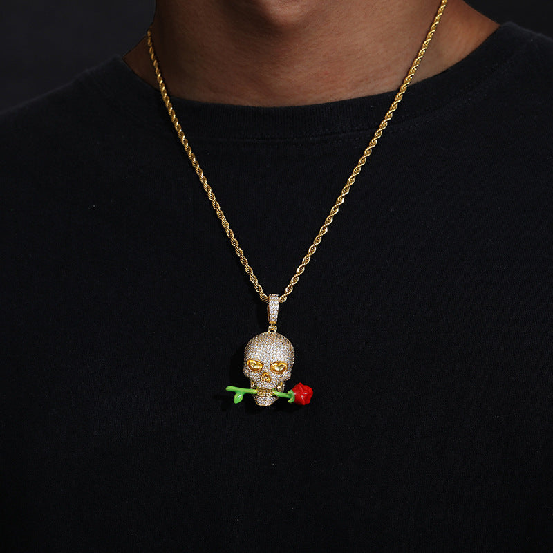 Luminous Skull Pendant with Rose – Statement Glow Necklace