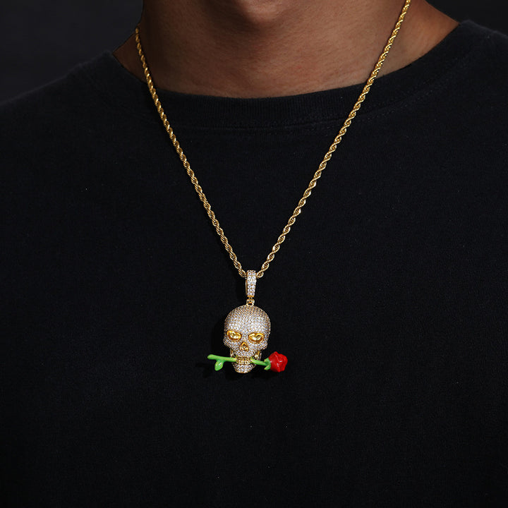 Luminous Skull Pendant with Rose – Statement Glow Necklace