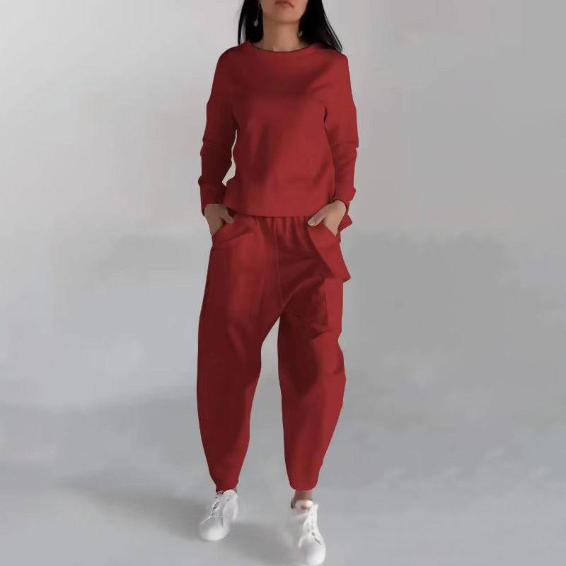 Solid Color Fashion Sweatshirt & Loose Trousers Set – Women's Long Sleeve Back Slit Top with Pockets - All Inclusive Family Treasures