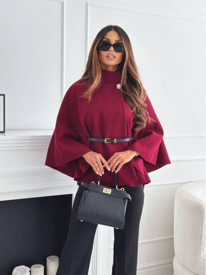 Elegant Stand Collar Batwing Sleeve Cloak Top with Belt - All Inclusive Family Treasures