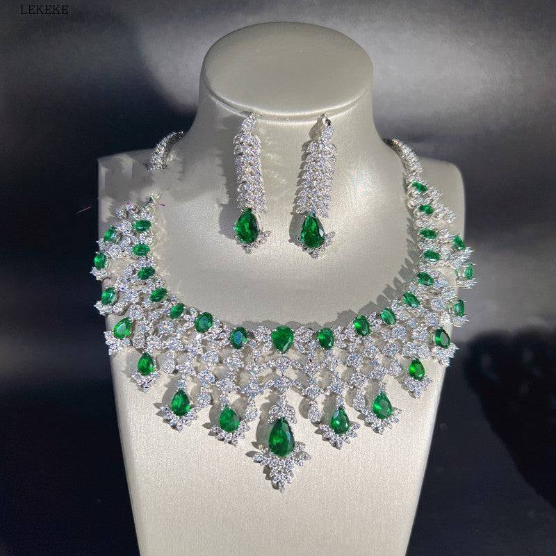 Exquisite Green Waterdrop Zircon Jewelry Set – Four-Piece Necklace, Earrings, Ring & Bracelet for Elegant Occasions - All Inclusive Family Treasures