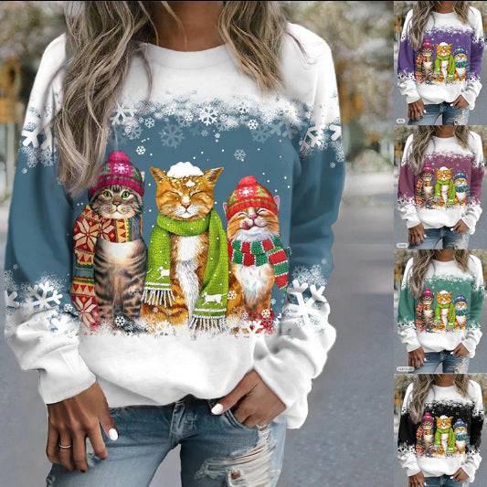 Cross-border Women's Christmas New Snowman And Cat Printed Long Sleeve Casual Loose-fitting T-shirt - All Inclusive Family Treasures