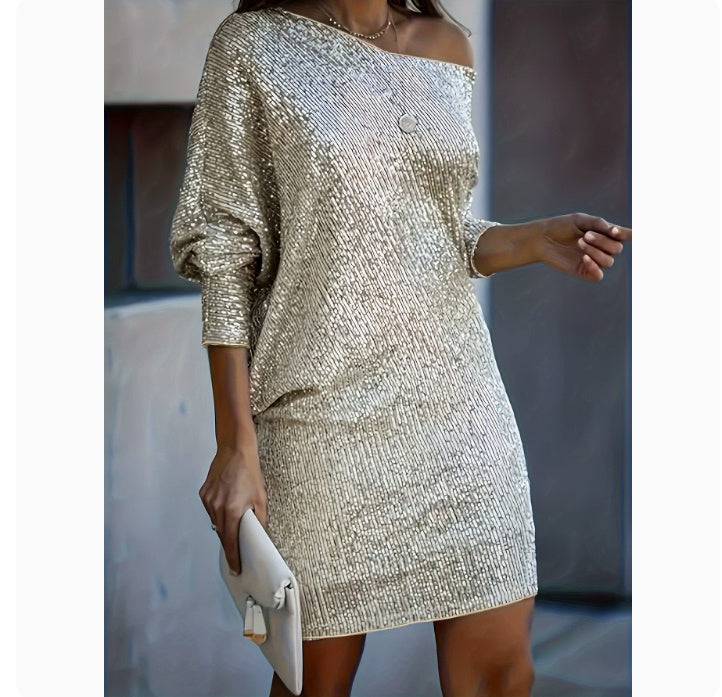 Oblique Shoulder Sequin Party Dress: Sparkle in Style - All Inclusive Family Treasures