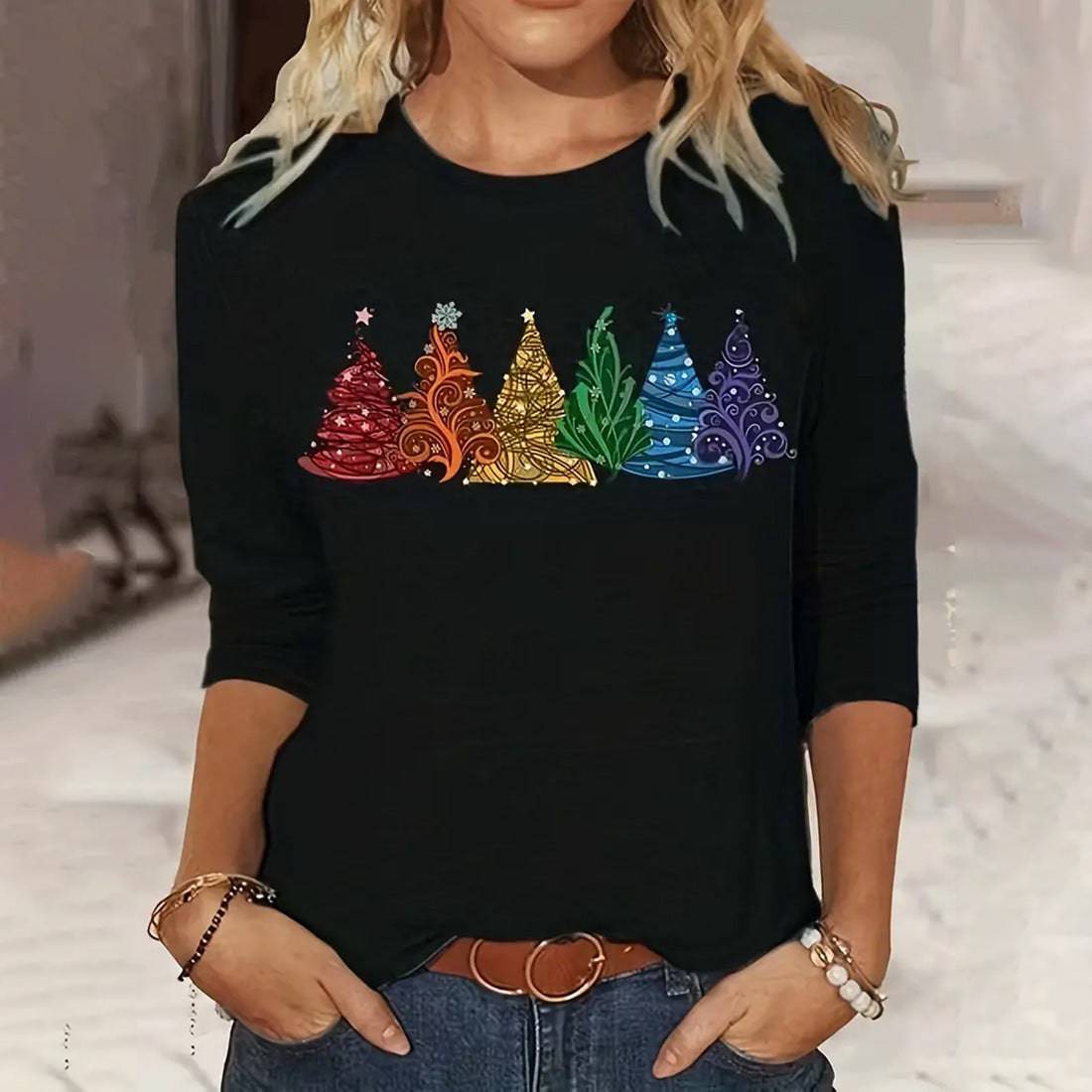 Festive Elegance: Women’s Christmas Tree Printed Long-Sleeve T-Shirt - All Inclusive Family Treasures